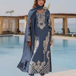 2 pc Shirt & Trouser - Elegant Blue and Cream Embroidered Dress